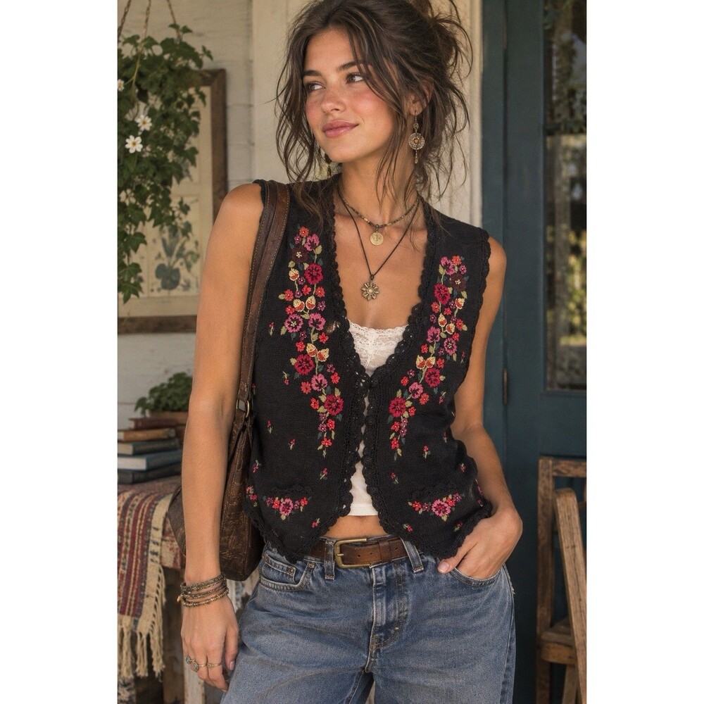 ERIKA Vintage 90s Womens M Black Knit Floral Embroidered SweaterVest Cottagecore